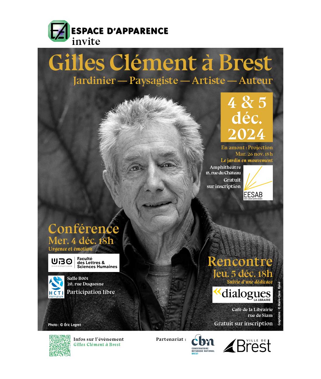 Affiche de l'évènement Gilles Clément à Brest,4 et 5 décembre 2024, avec marges blanches